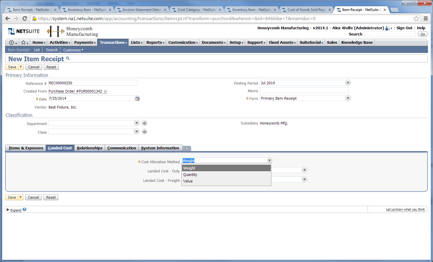 NetSuite landed cost subtab