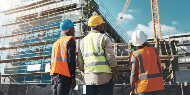 Shot of a group of builders assessing progress at a construction site