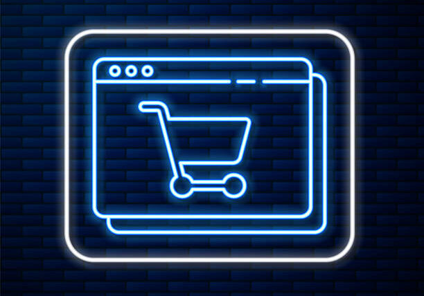 Glowing neon line Online shopping on screen icon isolated on brick wall background. Concept e-commerce, e-business, online business marketing. Vector Illustration
