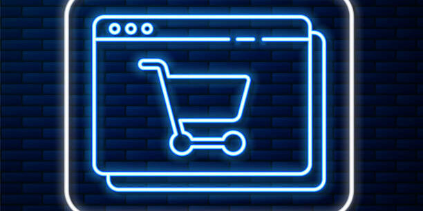 Glowing neon line Online shopping on screen icon isolated on brick wall background. Concept e-commerce, e-business, online business marketing. Vector Illustration