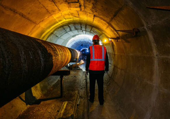 Tunnel worker examines pipeline in underground tunnel.